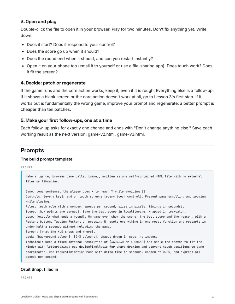 A real page from the PDF: the Lesson 2 build prompt template