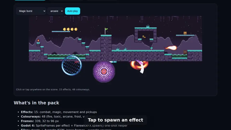 Flarewick: pixel explosions and magic, ready to drop in