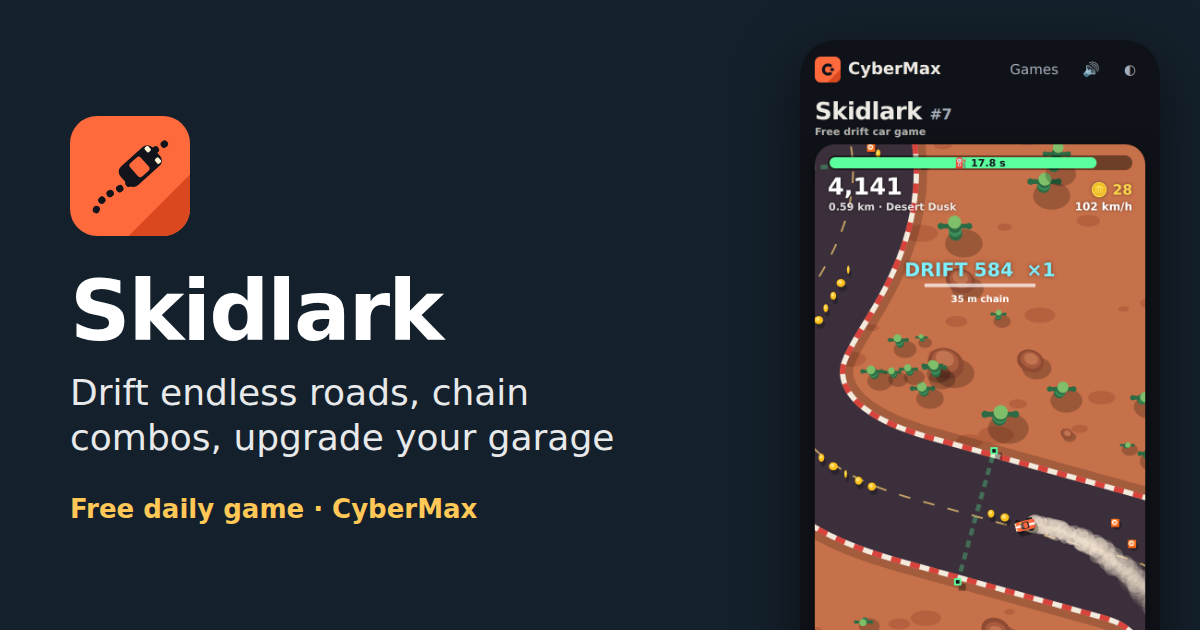 Skidlark on a phone: a car drifting on a desert road with a 584-point drift chain, 4,141 score and 28 coins