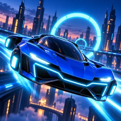 Skyline Flight Circuit key art: a blue hover car flying past neon towers and a glowing ring