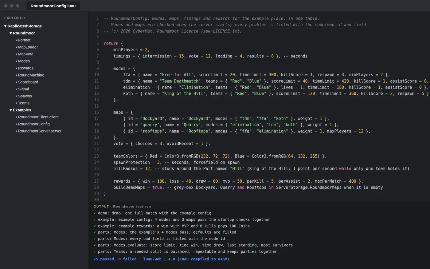 Roundmoor: the kit's real modules, example config and test output in a Studio-style editor