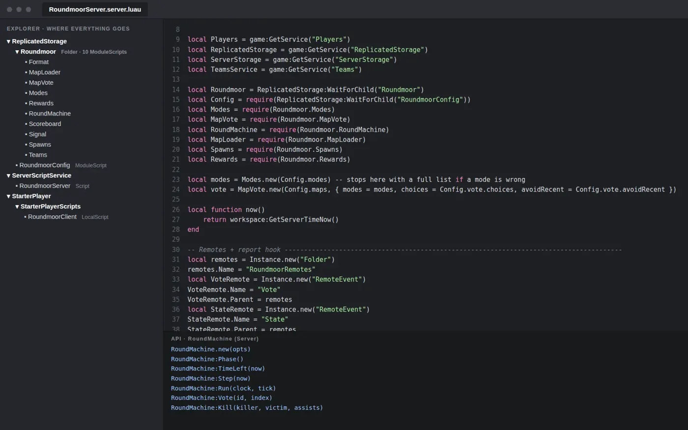 Roundmoor: where every script goes in Studio's Explorer, next to the real example server script