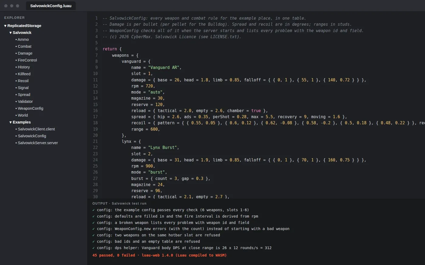 Salvowick: the kit's real modules, example config and test output in a Studio-style editor