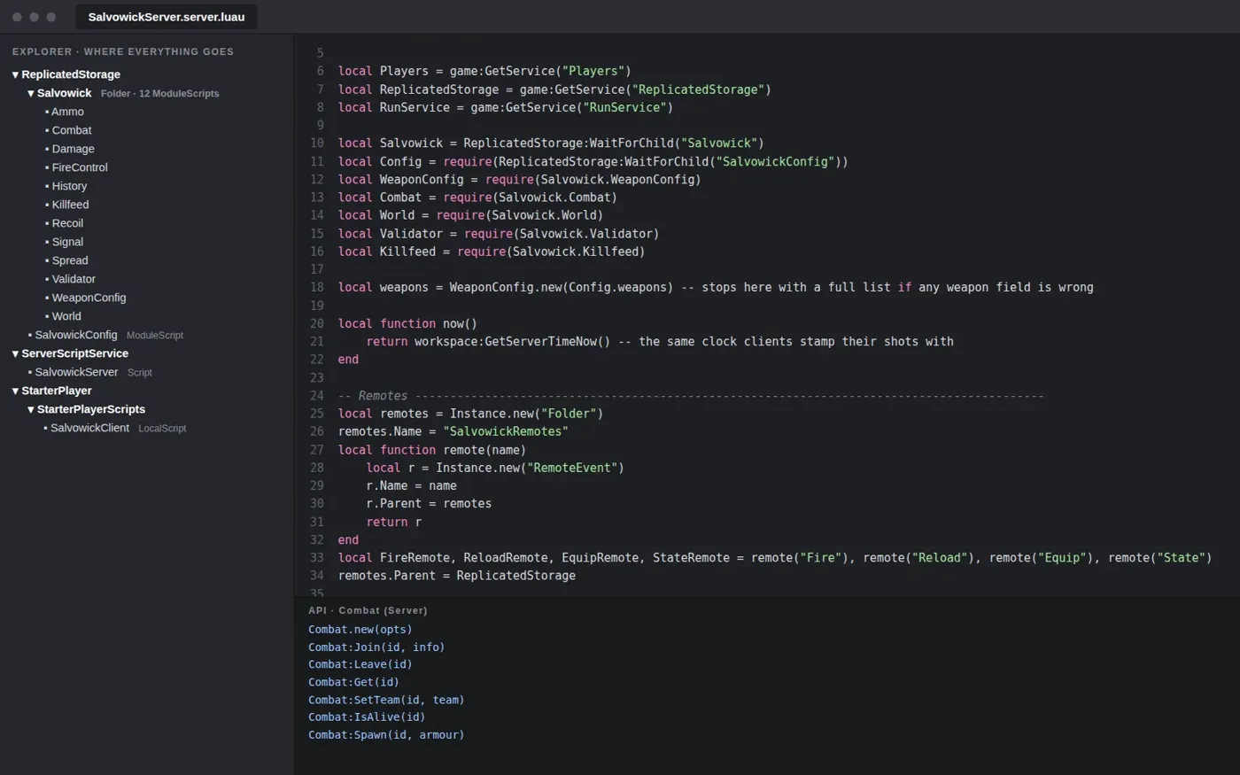 Salvowick: where every script goes in Studio's Explorer, next to the real example server script