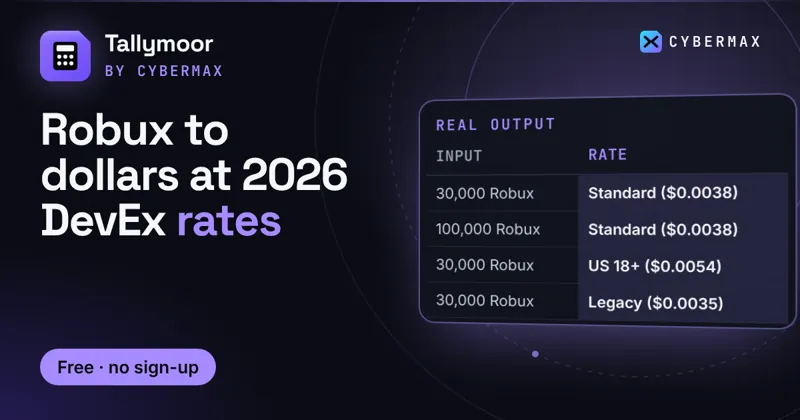 Tallymoor Pro: Robux to dollars at 2026 DevEx rates