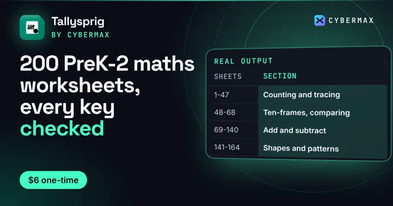 Tallysprig PreK–2 Maths Pack: 200 PreK-2 maths worksheets, every key checked