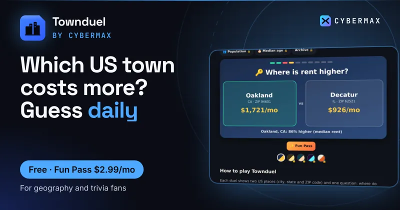 Townduel (full game): Which US town costs more? Guess daily